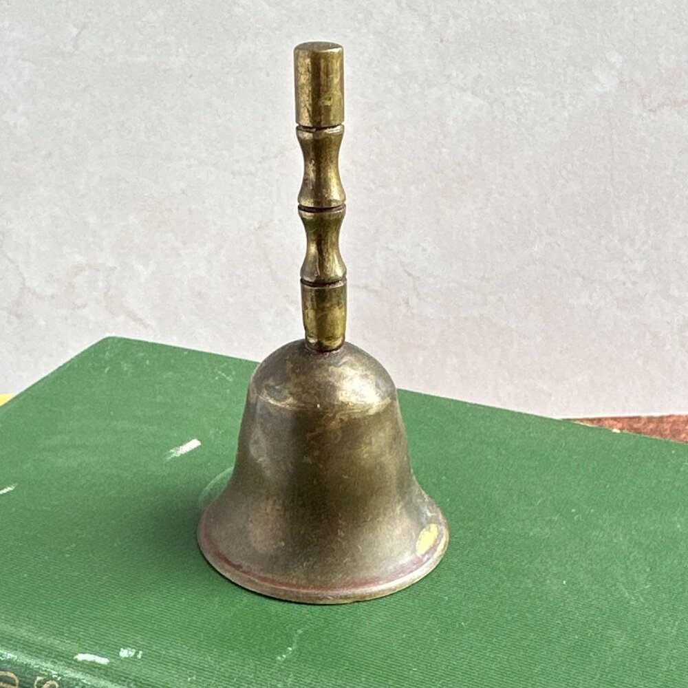 Small Vintage Brass Bell With Bamboo Texture Handle 3.5" X 1.75" Home Decor